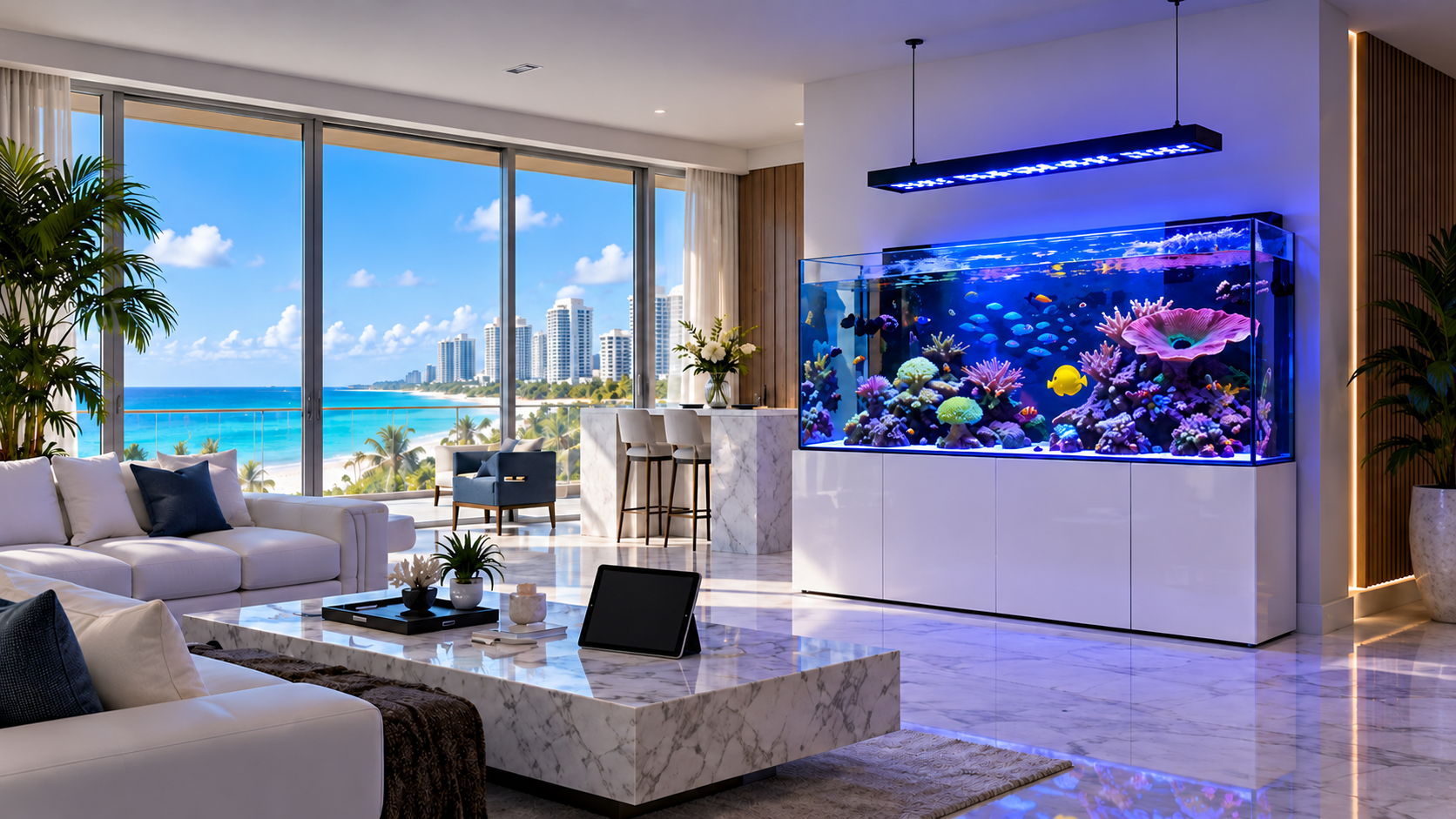 Promotional artwork of a blue-lit reef aquarium in a bright coastal living room.